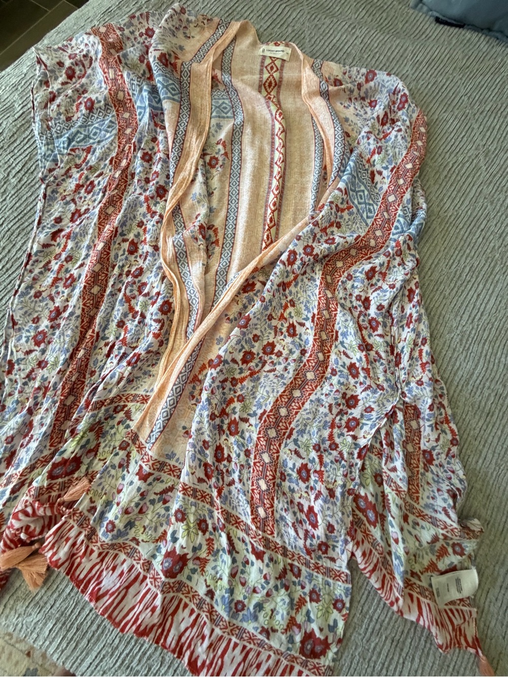 Lucky Brand Peach & Red Patterned Open Kimono